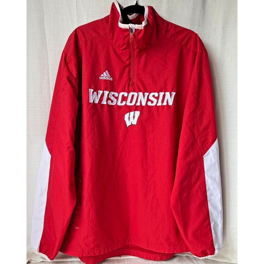 Adidas Wisconsin Badgers Pullover Jacket Mens XL Red 1/4 Zip NCAA Windbreaker